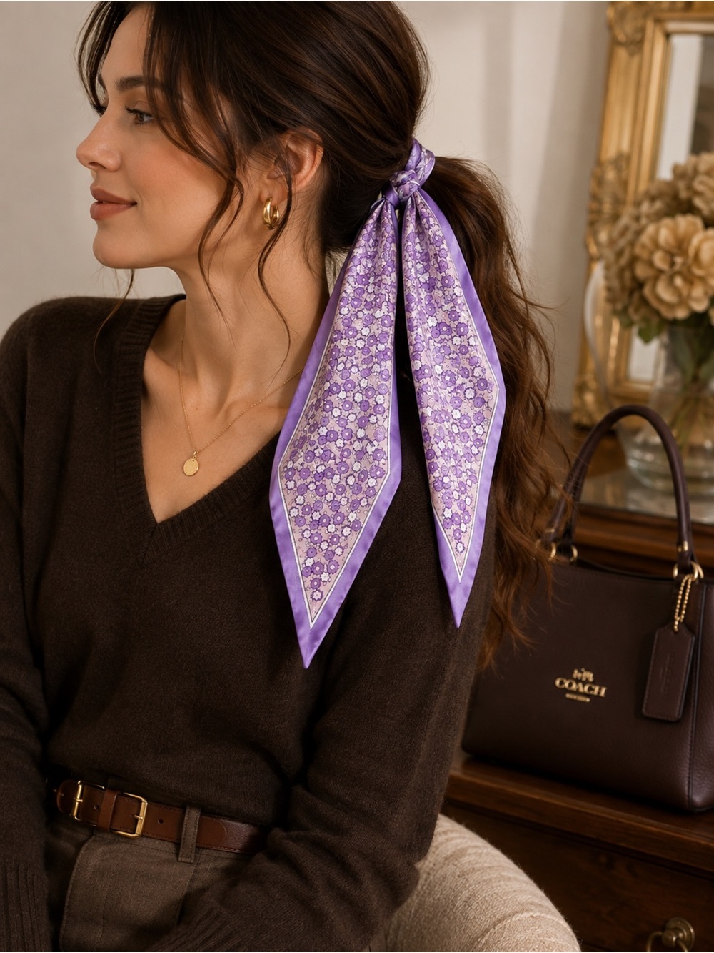 NEW Coach Floral Print Silk Diamond Scarf Purple CBO57 NWT